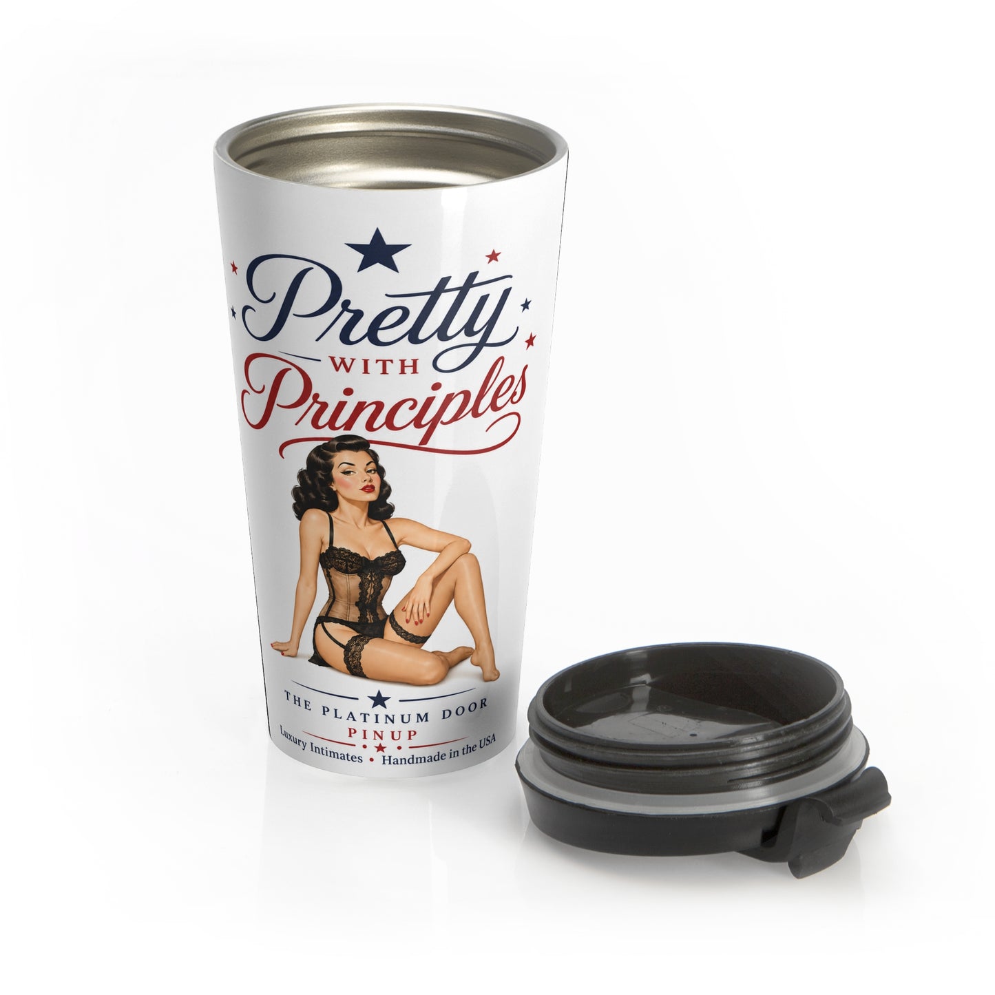 Travel Mug — "Pretty With Principles" Retro Pinup Stainless Steel Tumbler