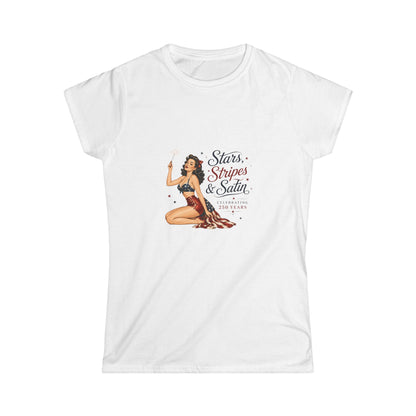 Stars, Stripes & Satin Pinup Tee — Patriotic Vintage Pin-Up Women's T-Shirt
