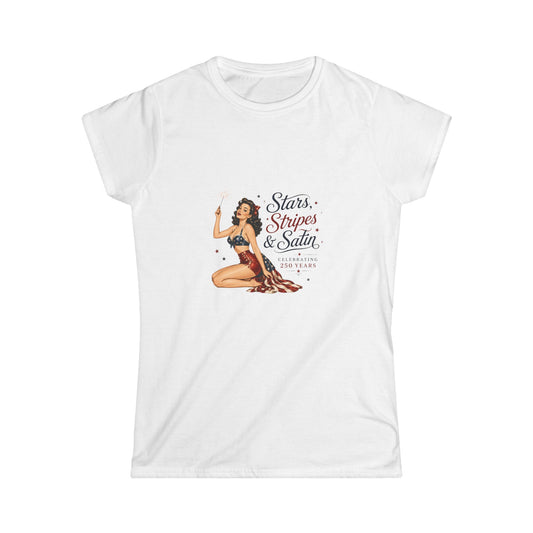 Stars, Stripes & Satin Pinup Tee — Patriotic Vintage Pin-Up Women's T-Shirt