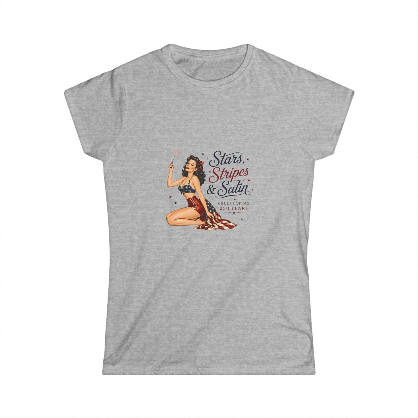 Stars, Stripes & Satin Pinup Tee — Patriotic Vintage Pin-Up Women's T-Shirt