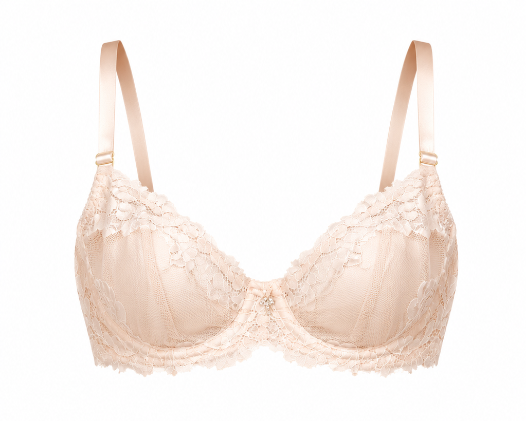 The “Angelique” White Lace Balconette, Vintage White Bra – Lace Demi with Rhinestone Accent