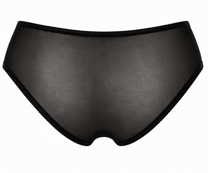 Black lingerie set featuring a sheer mesh and lace underwire bra, matching lace-trimmed panties, and a sheer mesh bralette, arranged on a plain white background.