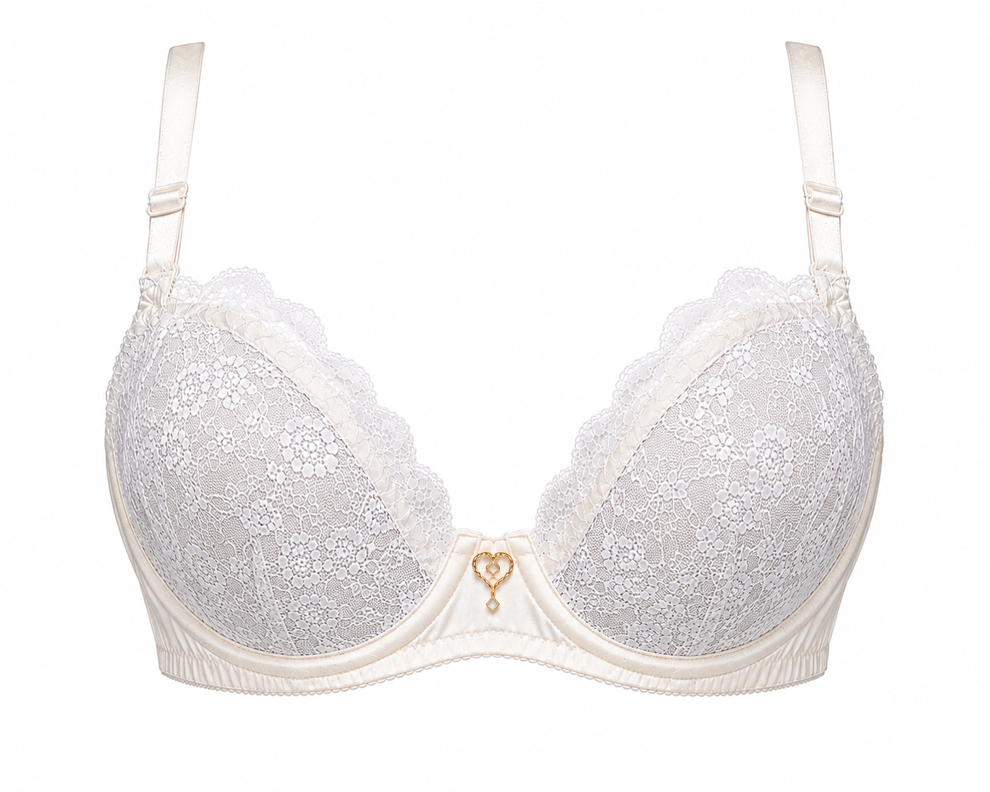 White Lace Plunge Bra with ivory mesh band.
