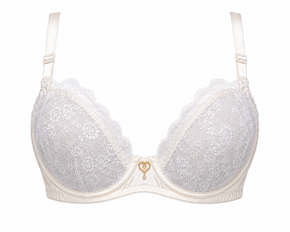 White Lace Plunge Bra with ivory mesh band.