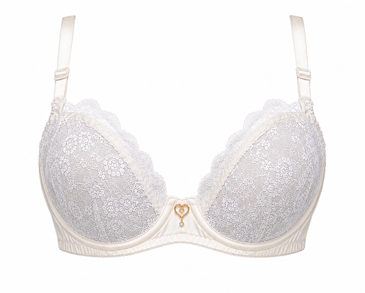 White Lace Plunge Bra with ivory mesh band.