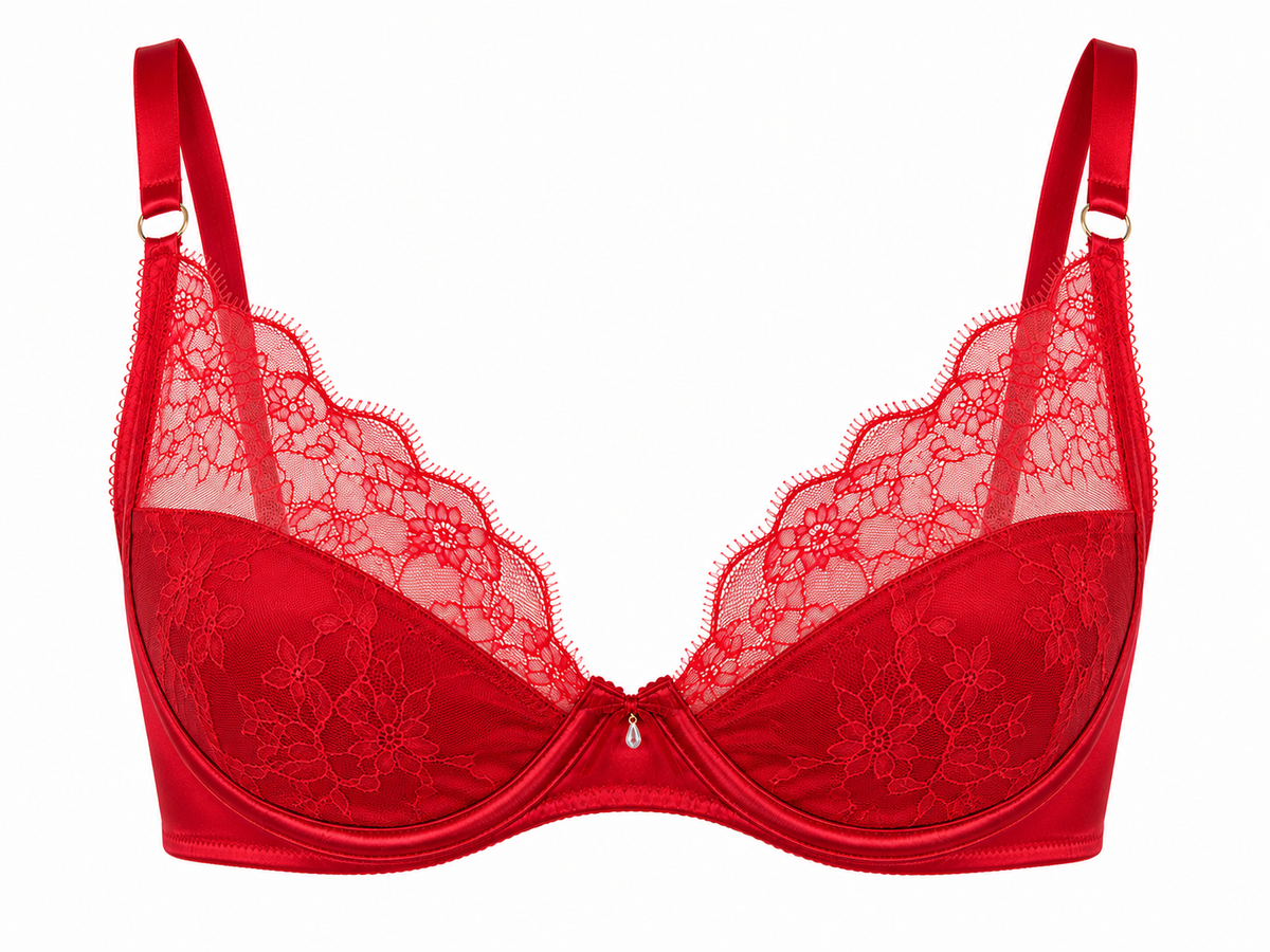 Scarlet Whisper Red Satin and Lace Plunge Bra