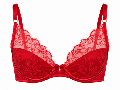 Scarlet Whisper Red Satin and Lace Plunge Bra