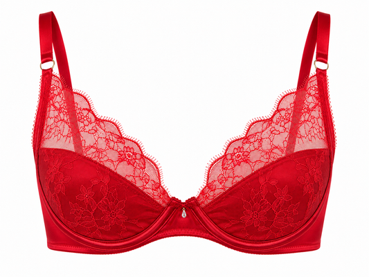 Scarlet Whisper Red Satin and Lace Plunge Bra