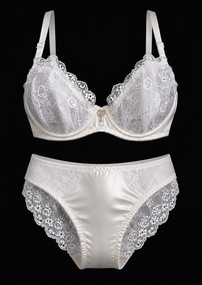 White Lace Plunge Bra with ivory mesh band.