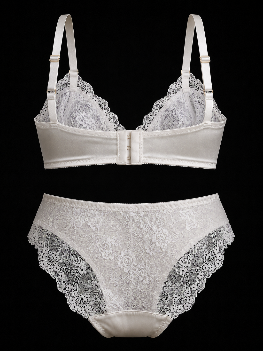 White Lace Plunge Bra with ivory mesh band.