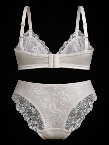 White Lace Plunge Bra with ivory mesh band.