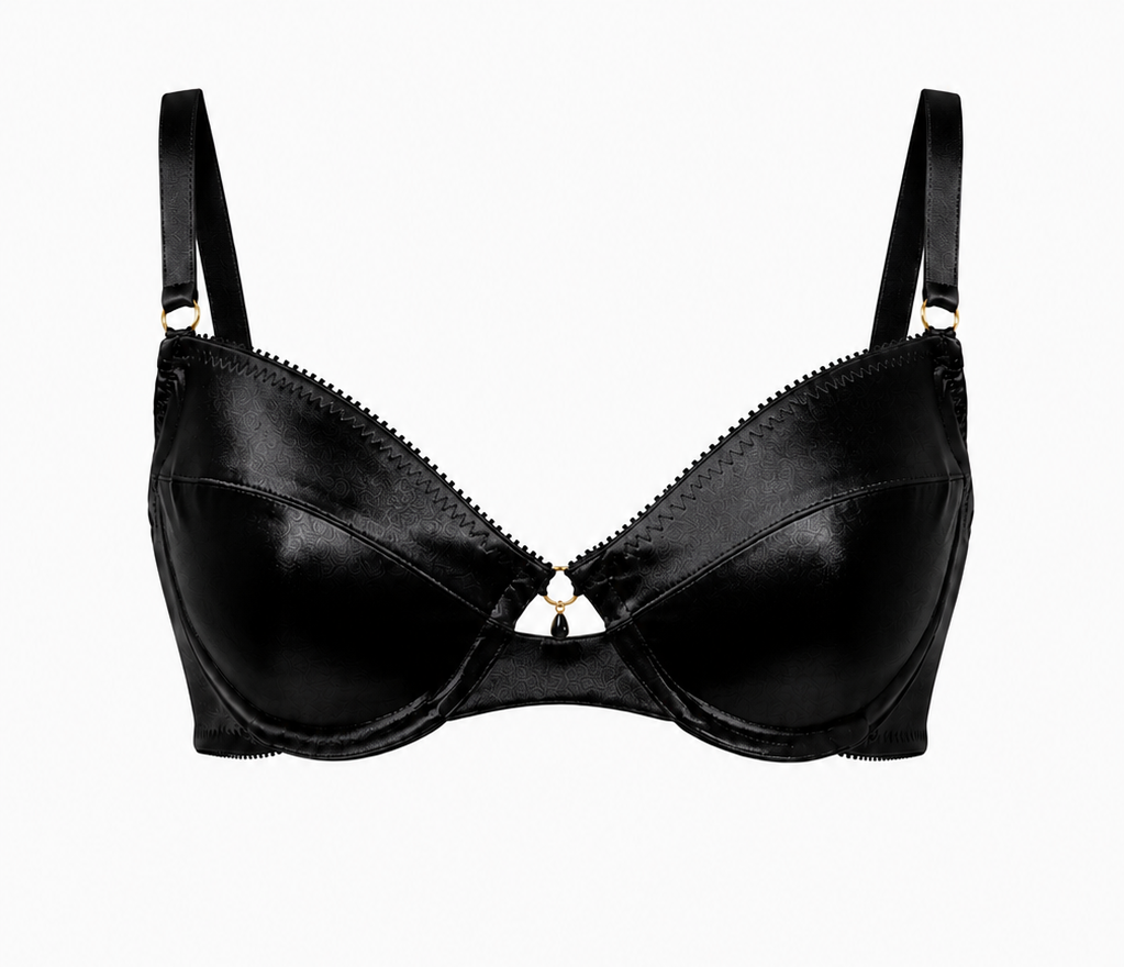 Midnight Corazon Demi-Cup, Parial Band Black Satin Bra