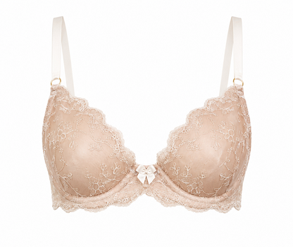 Nude Whisper, Nude and White Lace Plunge Bra