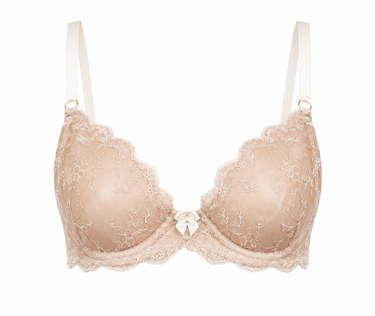Nude Whisper, Nude and White Lace Plunge Bra