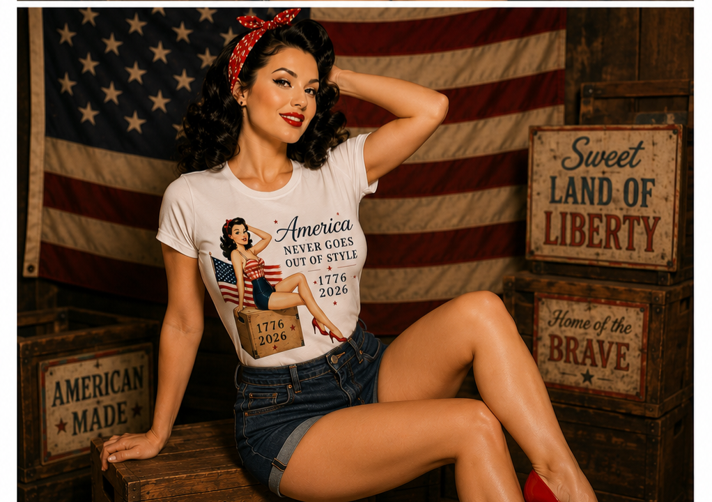 Patriotic Pinup Tee — "America Never Goes Out of Style" 1776–2026
