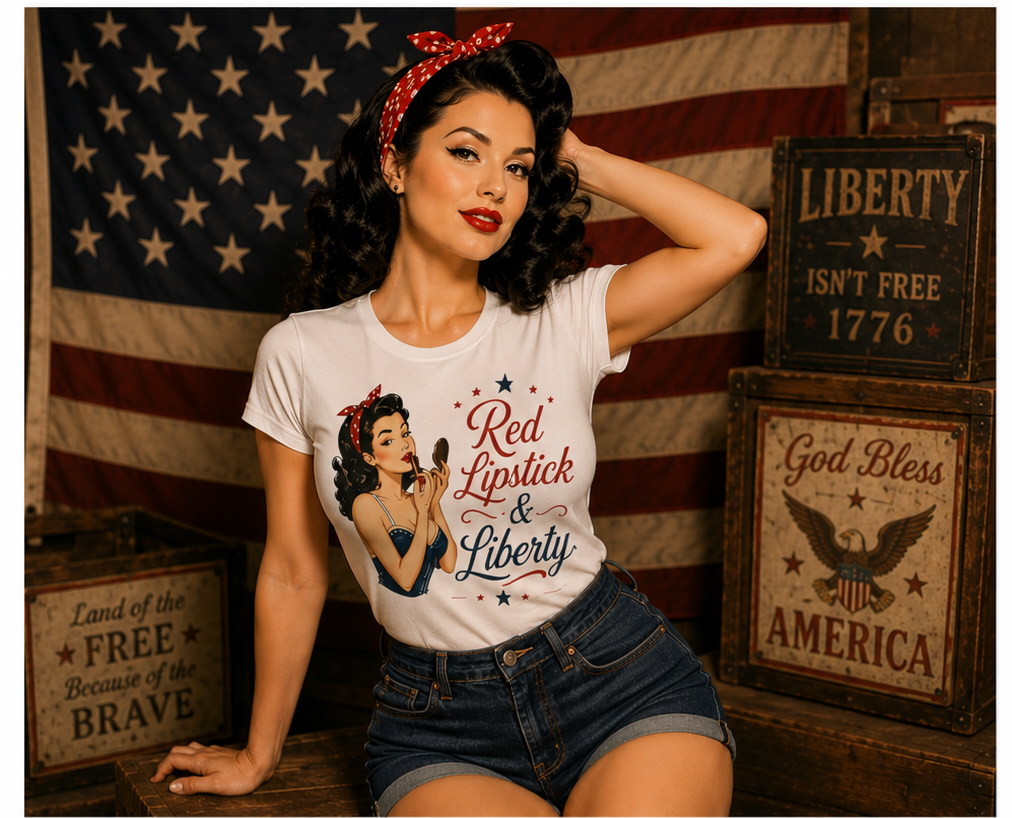 Red Lipstick & Liberty Tee — Vintage Pinup Patriotic Women's T-Shirt
