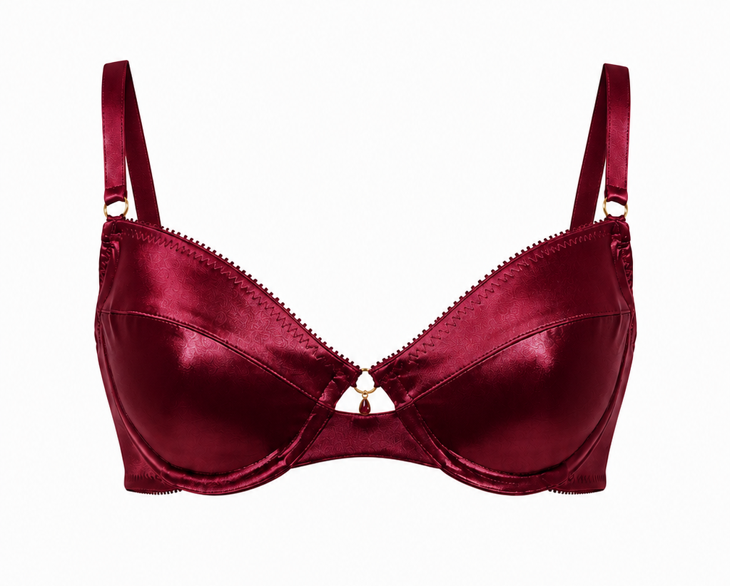 A two-piece satin lingerie set in deep burgundy, featuring a bra top with thin straps and a matching thong bottom with double side straps, both displayed on a clean white background.