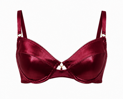 A two-piece satin lingerie set in deep burgundy, featuring a bra top with thin straps and a matching thong bottom with double side straps, both displayed on a clean white background.