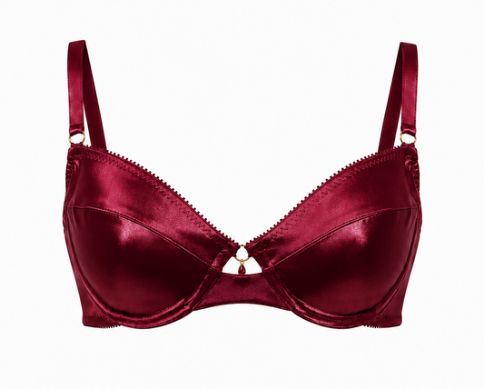A two-piece satin lingerie set in deep burgundy, featuring a bra top with thin straps and a matching thong bottom with double side straps, both displayed on a clean white background.